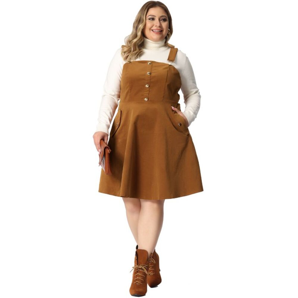 Corduroy Pinafore Plus Size Adjustable Strap Overall Dress Suspender Skirt Brown - Picture 3 of 6